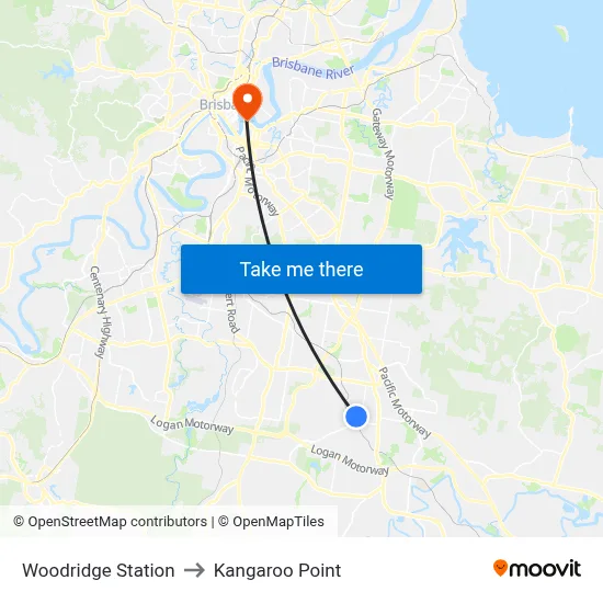 Woodridge Station to Kangaroo Point map