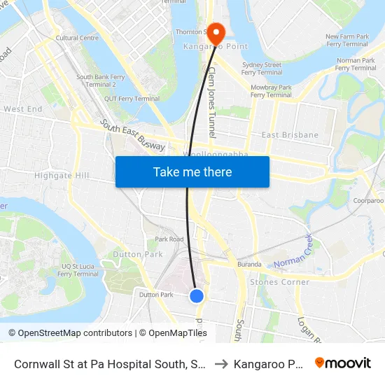 Cornwall St at Pa Hospital South, Stop 1 to Kangaroo Point map