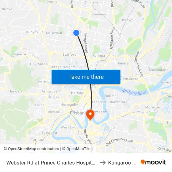 Webster Rd at Prince Charles Hospital, Stop 38 to Kangaroo Point map