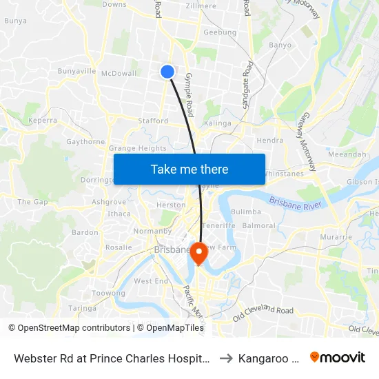 Webster Rd at Prince Charles Hospital, Stop 38 to Kangaroo Point map
