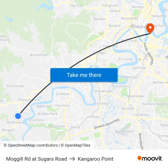 Moggill Rd at Sugars Road to Kangaroo Point map