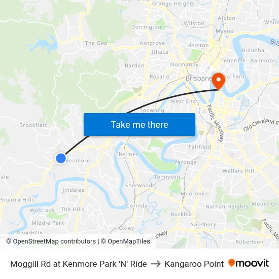 Moggill Rd at Kenmore Park 'N' Ride to Kangaroo Point map