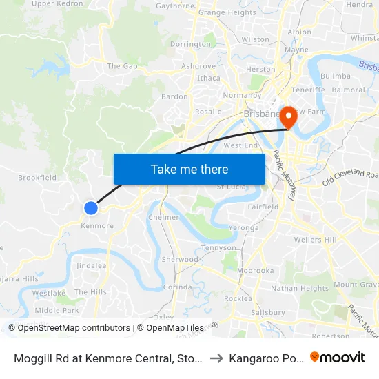 Moggill Rd at Kenmore Central, Stop 37 to Kangaroo Point map