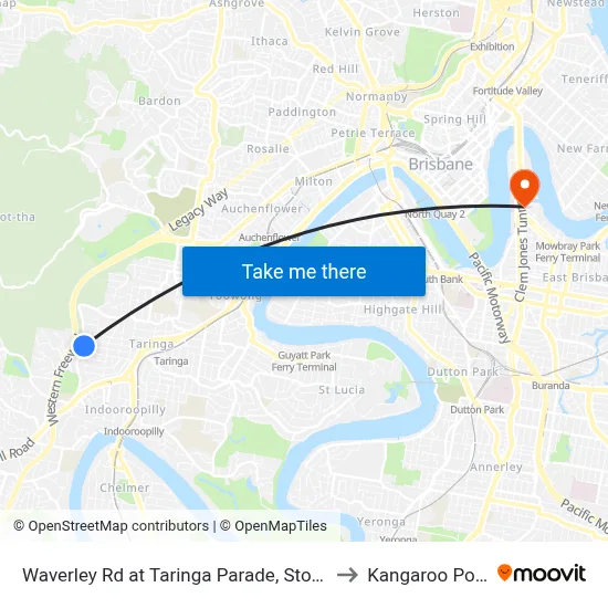 Waverley Rd at Taringa Parade, Stop 27 to Kangaroo Point map
