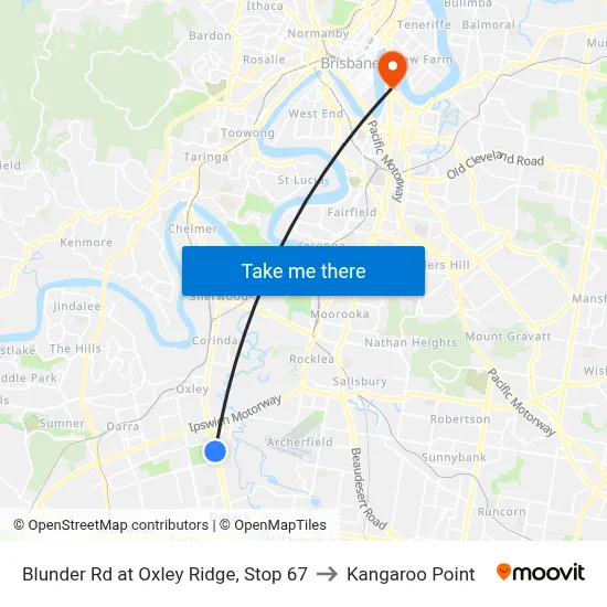 Blunder Rd at Oxley Ridge, Stop 67 to Kangaroo Point map