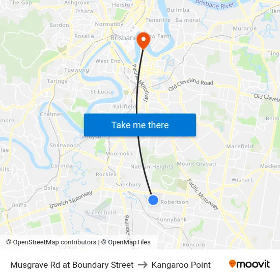 Musgrave Rd at Boundary Street to Kangaroo Point map