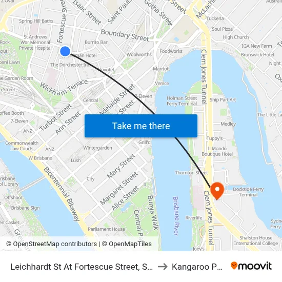 Leichhardt St At Fortescue Street, Stop 1 to Kangaroo Point map