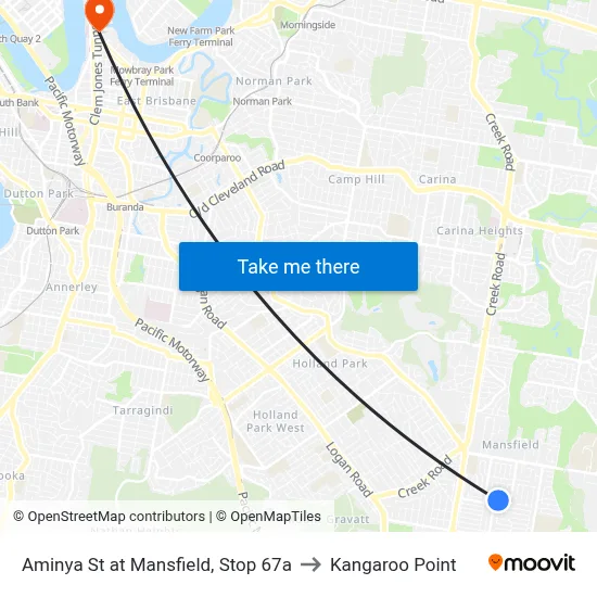 Aminya St at Mansfield, Stop 67a to Kangaroo Point map