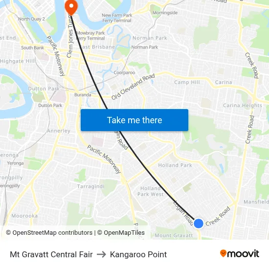 Mt Gravatt Central Fair to Kangaroo Point map