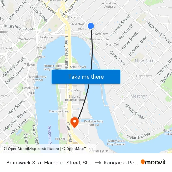 Brunswick St at Harcourt Street, Stop 6 to Kangaroo Point map