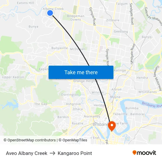 Aveo Albany Creek to Kangaroo Point map