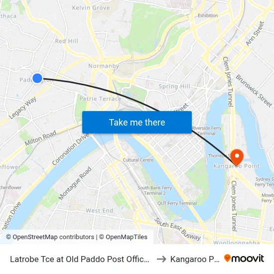 Latrobe Tce at Old Paddo Post Office, Stop 8 to Kangaroo Point map