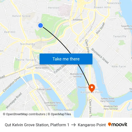 Qut Kelvin Grove Station, Platform 1 to Kangaroo Point map