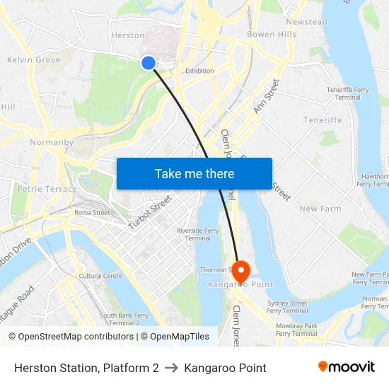 Herston Station, Platform 2 to Kangaroo Point map