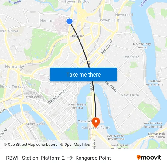 RBWH Station, Platform 2 to Kangaroo Point map