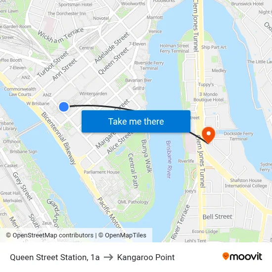 Queen Street Station, 1a to Kangaroo Point map