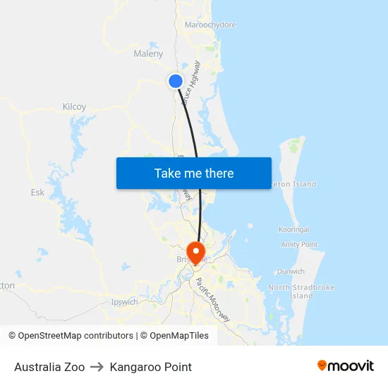 Australia Zoo to Kangaroo Point map