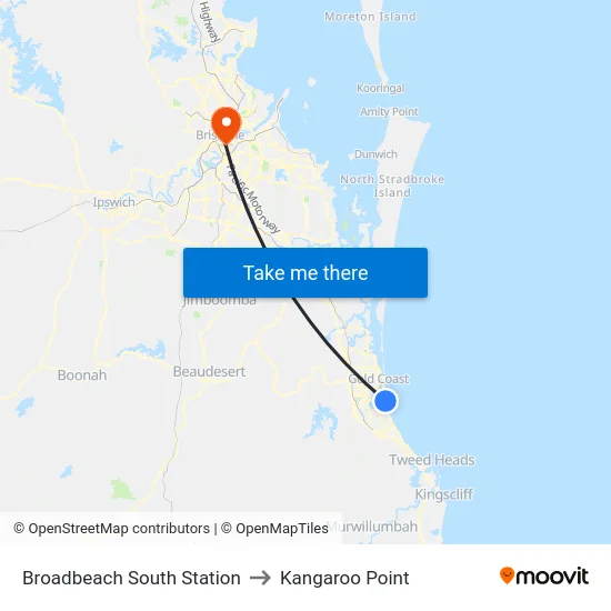 Broadbeach South Station to Kangaroo Point map