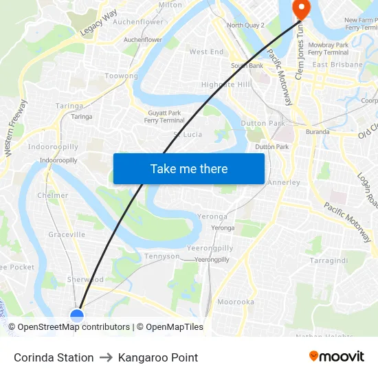 Corinda Station to Kangaroo Point map