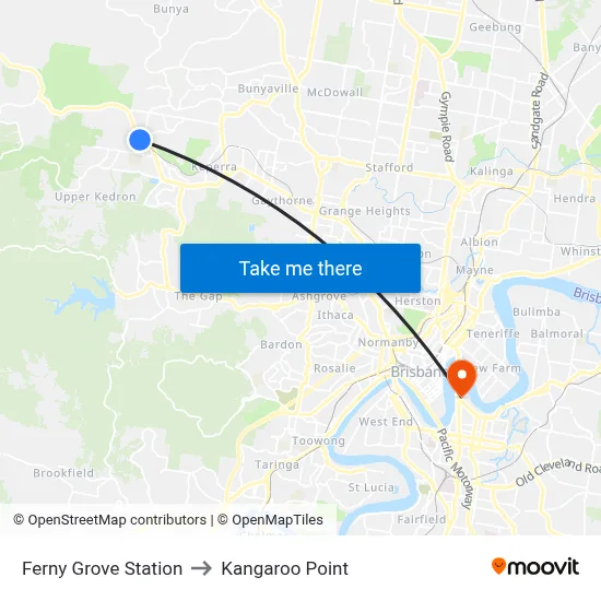 Ferny Grove Station to Kangaroo Point map
