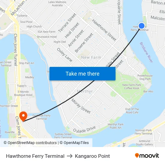 Hawthorne Ferry Terminal to Kangaroo Point map