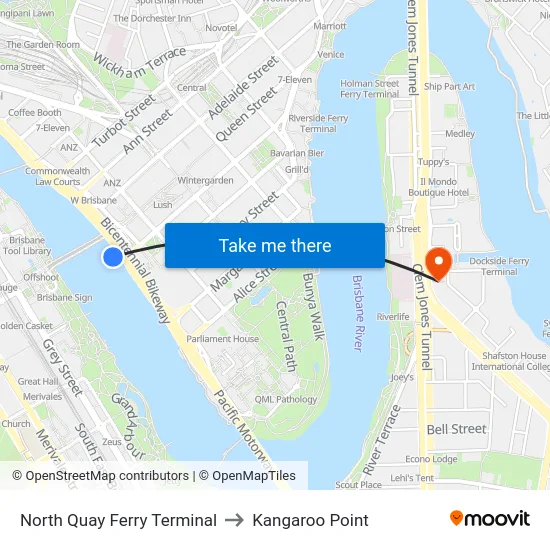 North Quay Ferry Terminal to Kangaroo Point map
