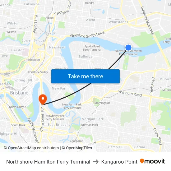 Northshore Hamilton Ferry Terminal to Kangaroo Point map