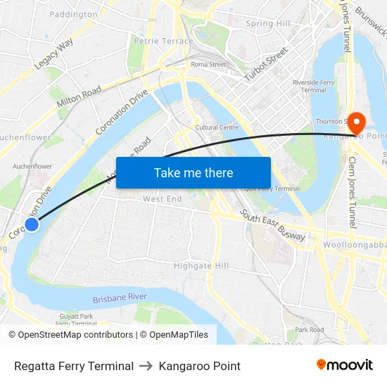 Regatta Ferry Terminal to Kangaroo Point map