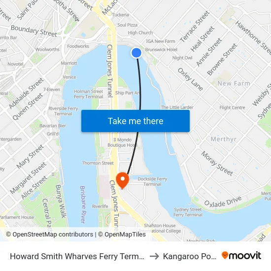 Howard Smith Wharves Ferry Terminal to Kangaroo Point map