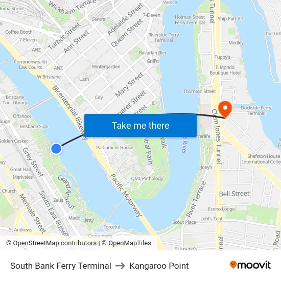 South Bank Ferry Terminal to Kangaroo Point map