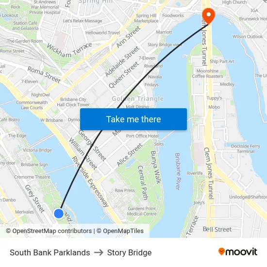 South Bank Parklands to Story Bridge map