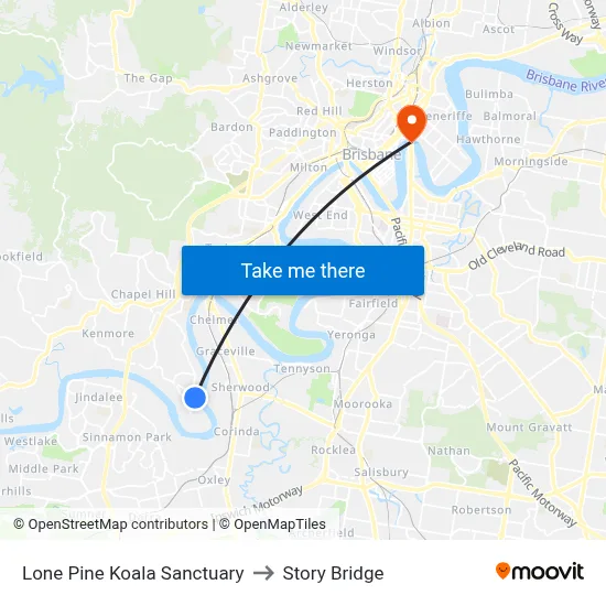 Lone Pine Koala Sanctuary to Story Bridge map