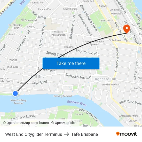 West End Cityglider Terminus to Tafe Brisbane map