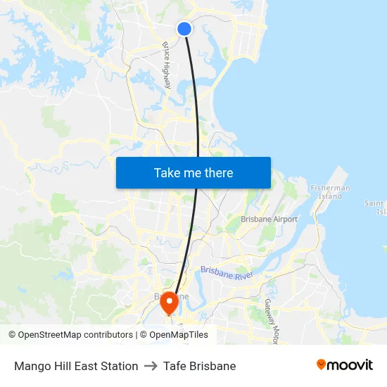 Mango Hill East Station to Tafe Brisbane map