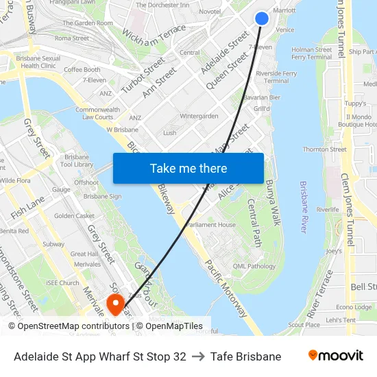 Adelaide St App Wharf St Stop 32 to Tafe Brisbane map