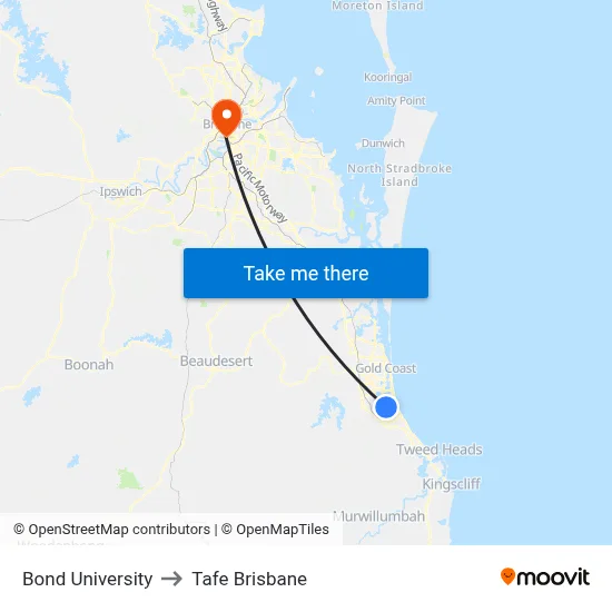 Bond University to Tafe Brisbane map