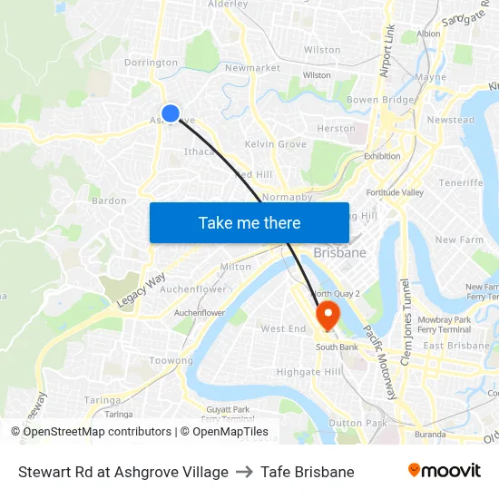 Stewart Rd at Ashgrove Village to Tafe Brisbane map