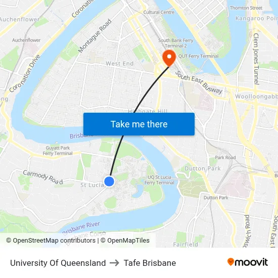 University Of Queensland to Tafe Brisbane map