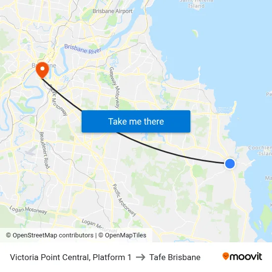 Victoria Point Central, Platform 1 to Tafe Brisbane map