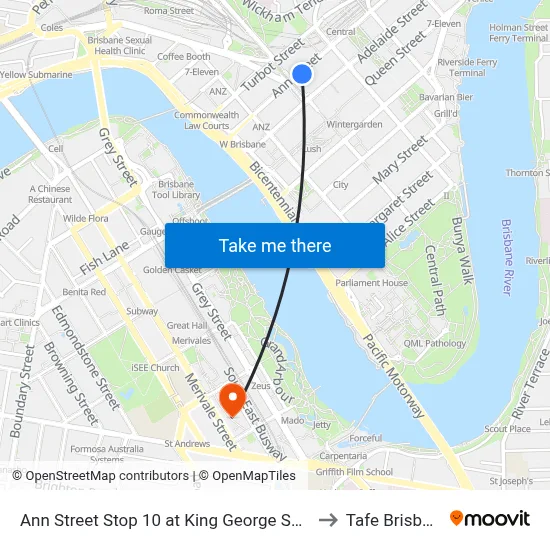 Ann Street Stop 10 at King George Square to Tafe Brisbane map