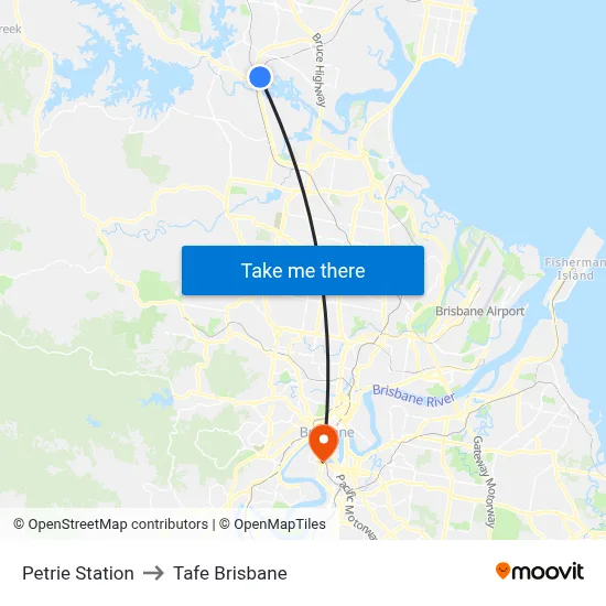 Petrie Station to Tafe Brisbane map