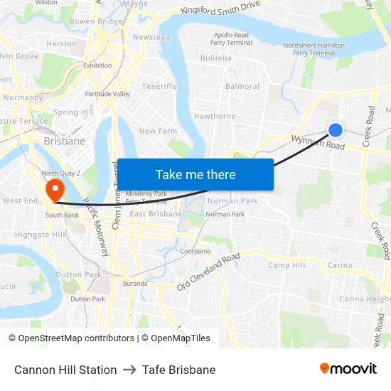 Cannon Hill Station to Tafe Brisbane map