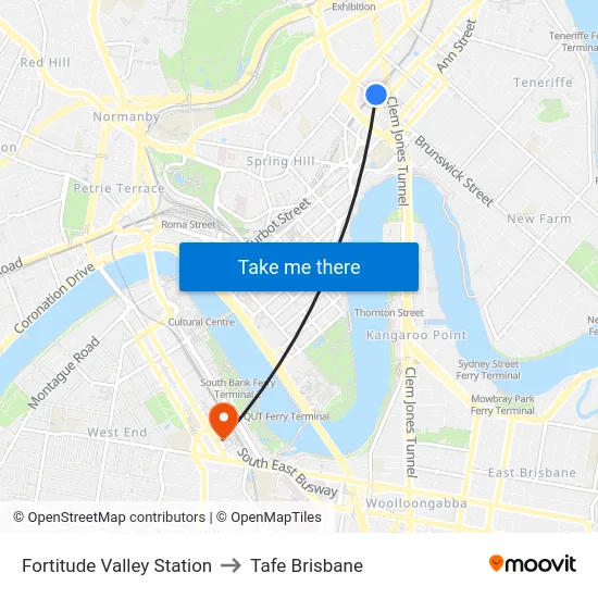 Fortitude Valley Station to Tafe Brisbane map