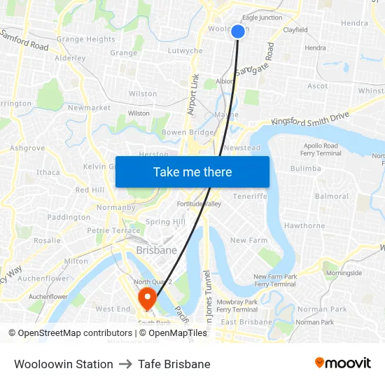 Wooloowin Station to Tafe Brisbane map