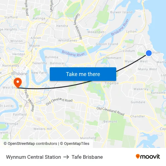 Wynnum Central Station to Tafe Brisbane map