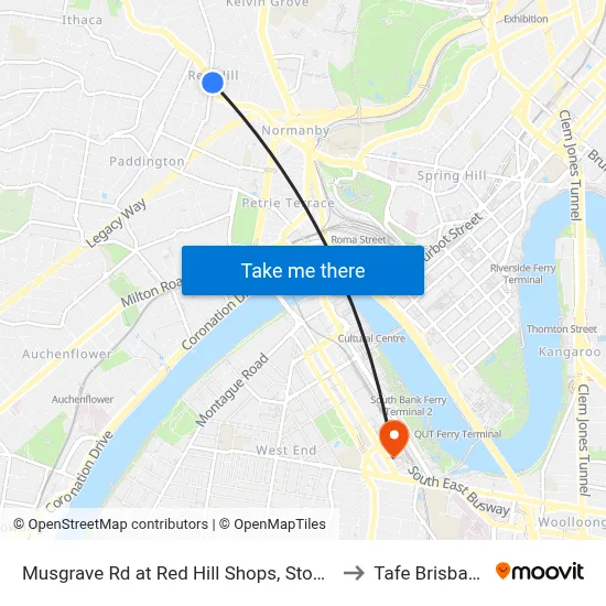 Musgrave Rd at Red Hill Shops, Stop 8 to Tafe Brisbane map