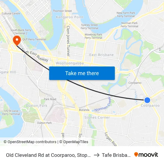 Old Cleveland Rd at Coorparoo, Stop 23 to Tafe Brisbane map