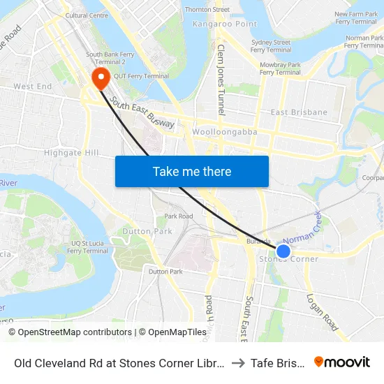 Old Cleveland Rd at Stones Corner Library, Stop 17 to Tafe Brisbane map