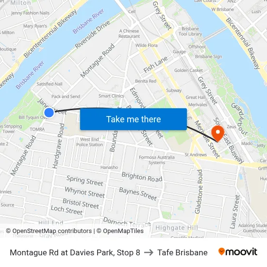 Montague Rd at Davies Park, Stop 8 to Tafe Brisbane map
