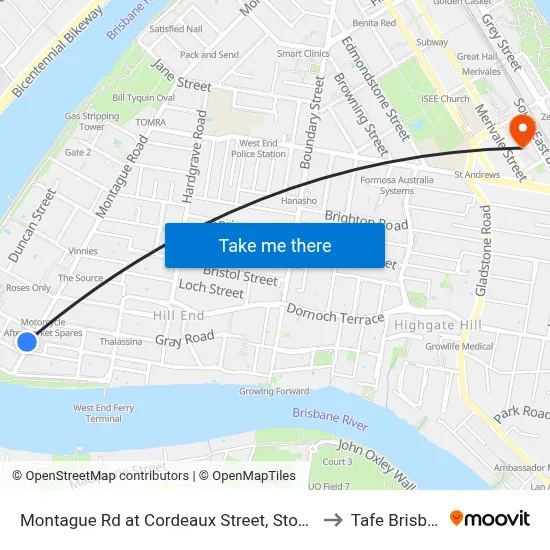 Montague Rd at Cordeaux Street, Stop 30/14 to Tafe Brisbane map